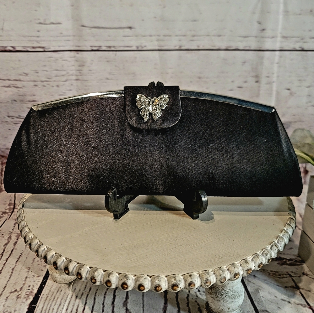 TOVA Beverly Hills Elegant Black Statin Clutch with Butterfly Accent 11"x4"x1"